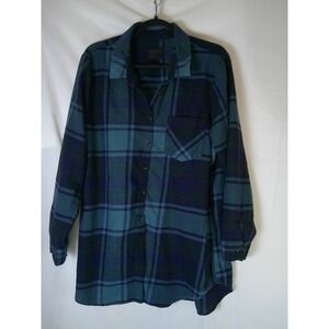 Free Press Womens Relaxed Flannel Plaid Button Down Shirt Teal Navy Green XL
